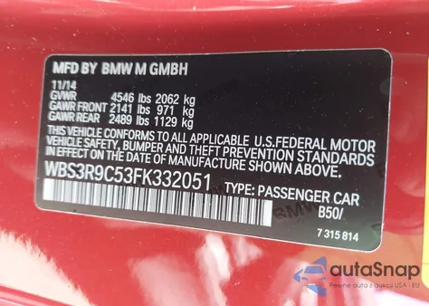 2015 BMW M4 z USA, uszkodzony, nr VIN WBS3R9C53FK332051